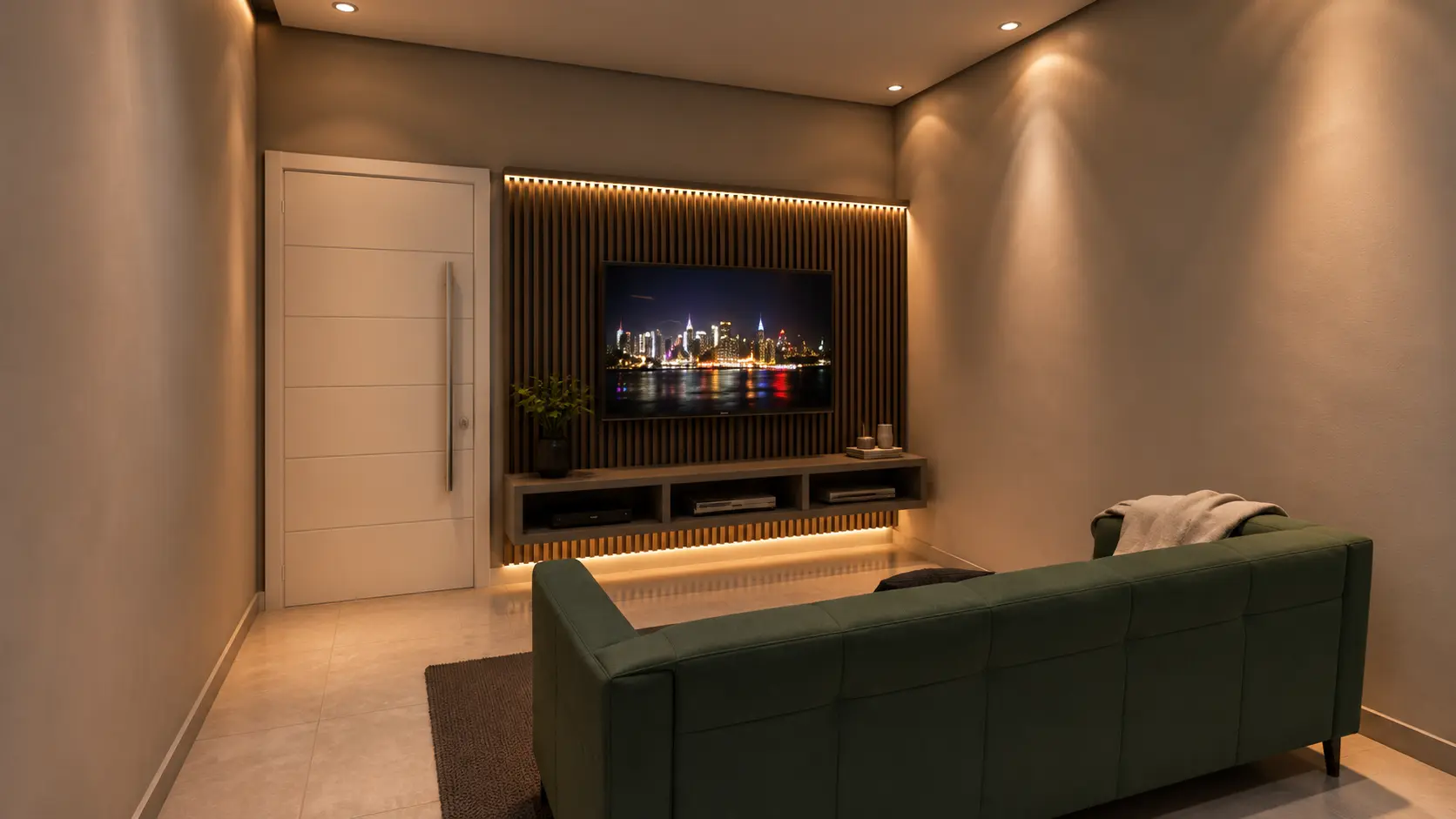Sala de estar com painel de TV ripado e sofá verde