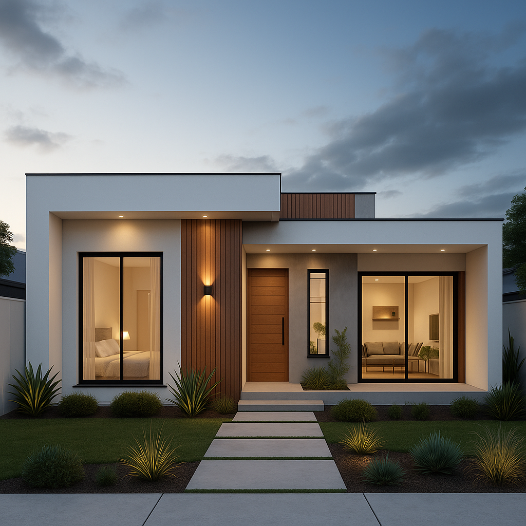 Fachada de casa térrea moderna com painel ripado de madeira, caminho de placas de concreto e jardim iluminado ao entardecer