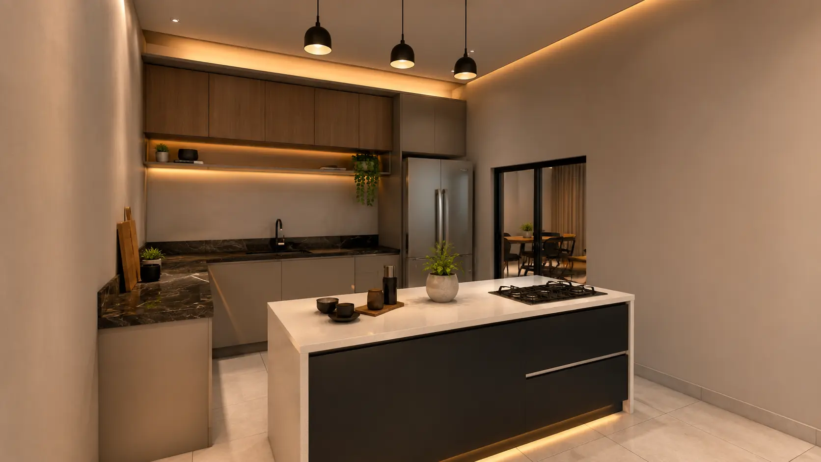 Cozinha integrada com ilha central em projeto residencial da CP Engenharia