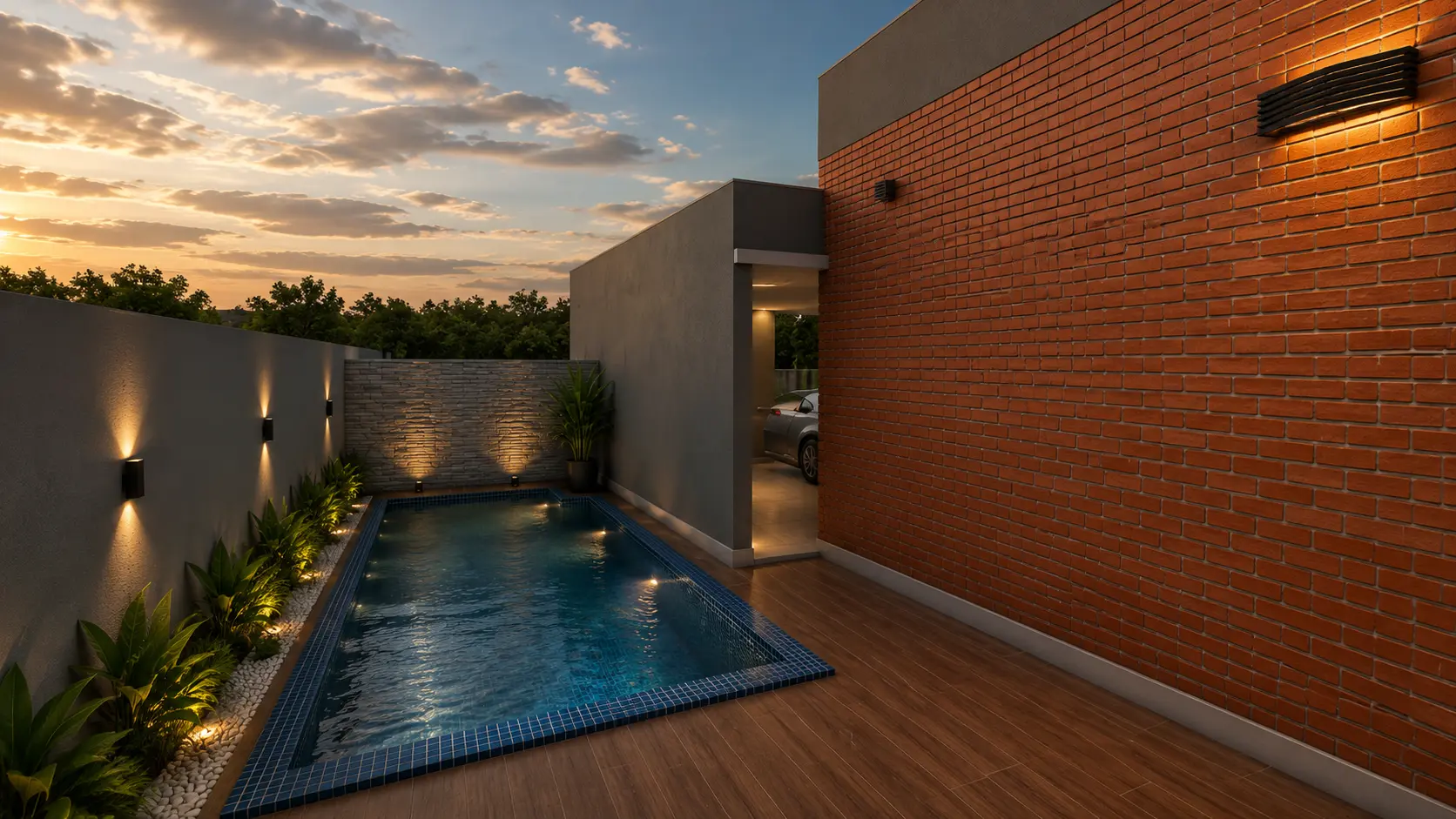Piscina com deck de madeira e parede de tijolos aparentes
