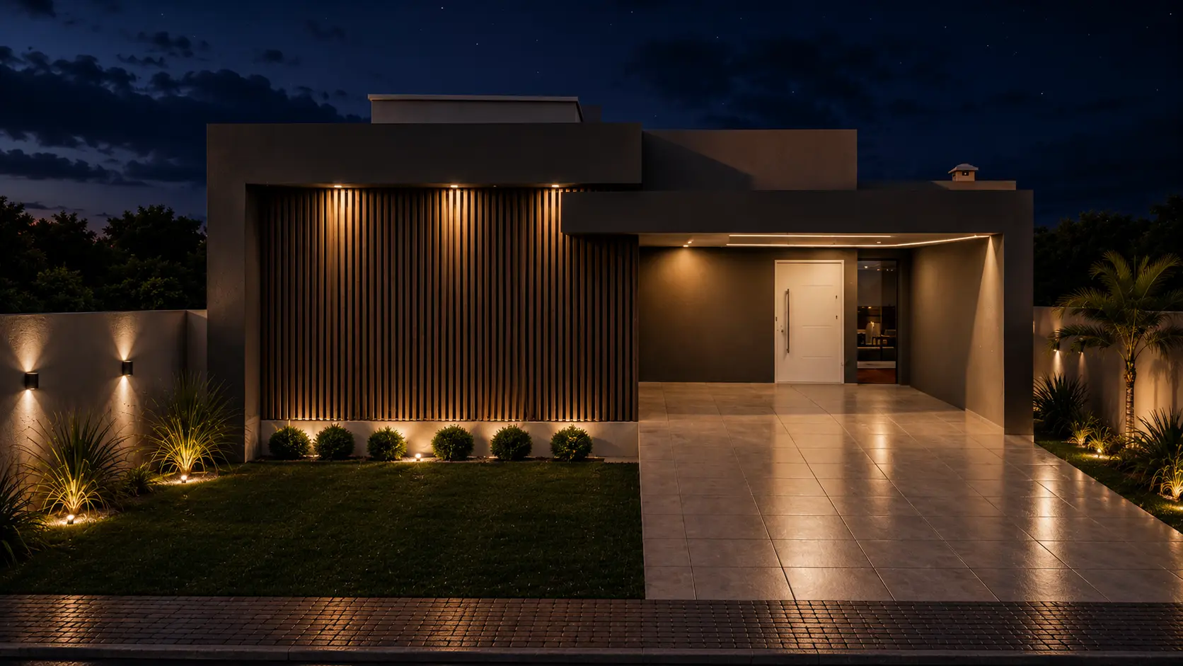 Fachada de residência moderna iluminada à noite