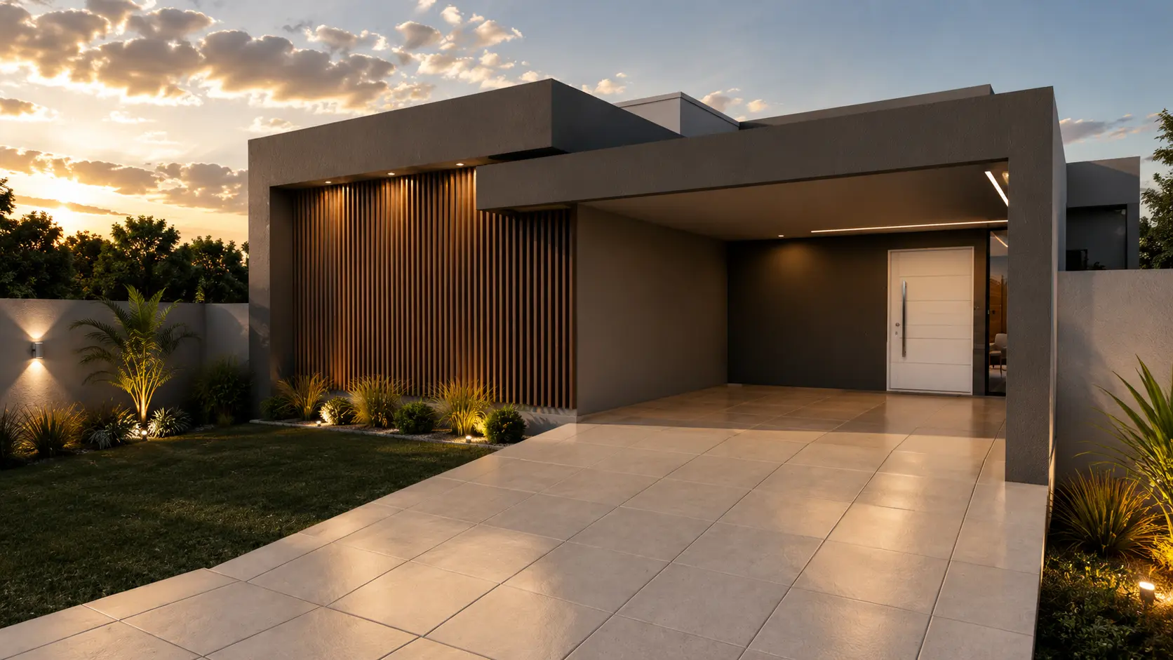 Fachada de casa térrea moderna com ripado de madeira ao entardecer