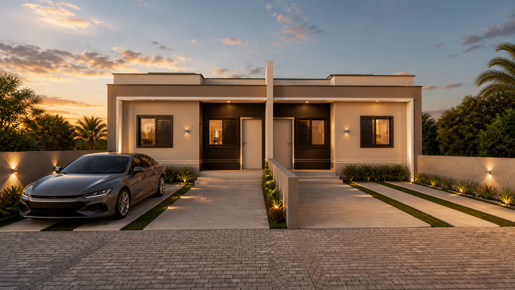 Fachada de duas casas térreas geminadas ao entardecer, com garagens e paisagismo iluminado